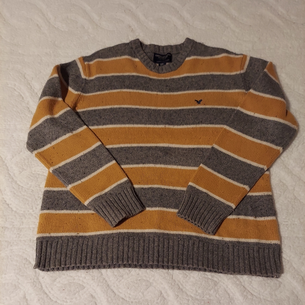 American Eagle Outfitters Gray and Mustard Striped Crewneck Sweater